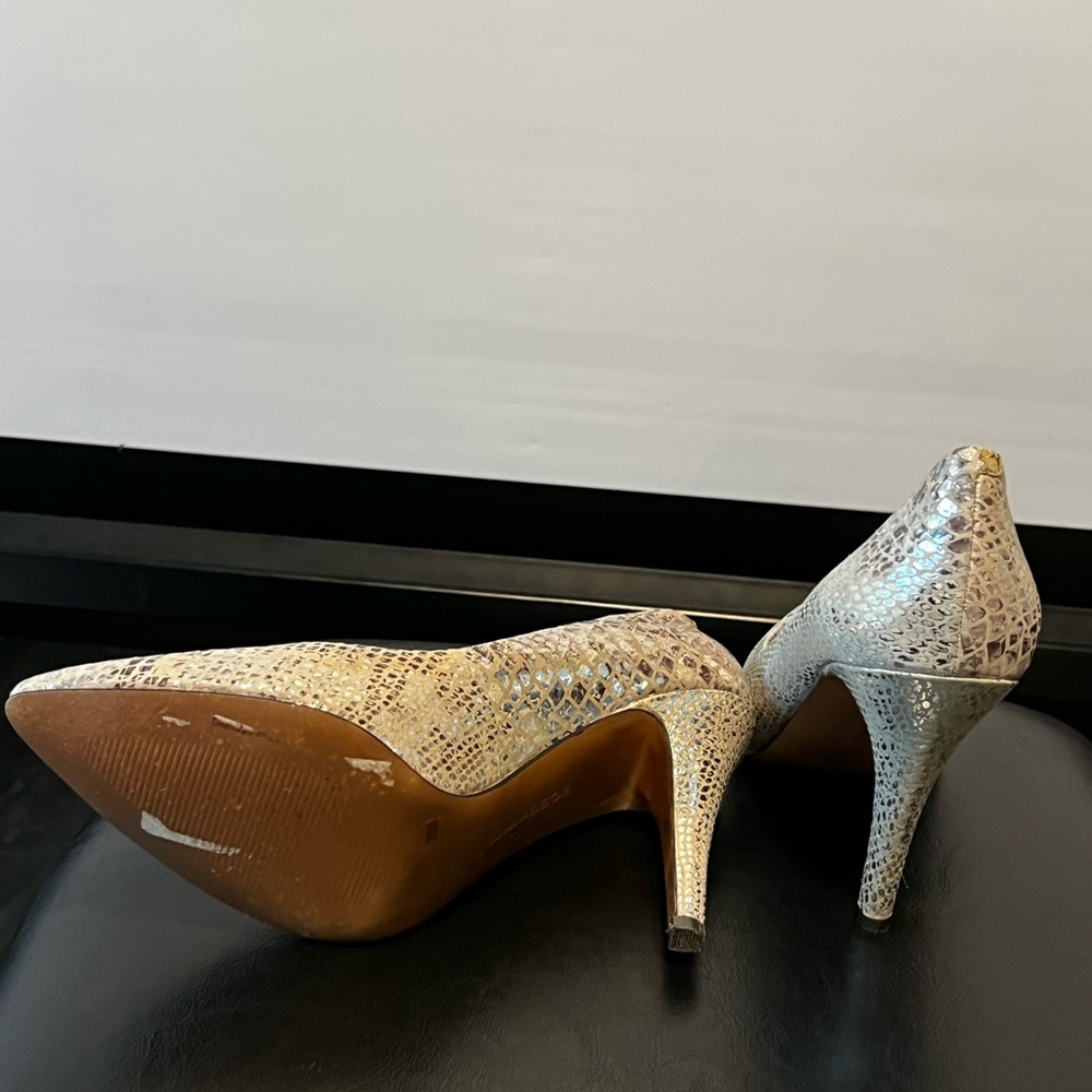 BCBG Shimmering Silver Snake Pattern Heels